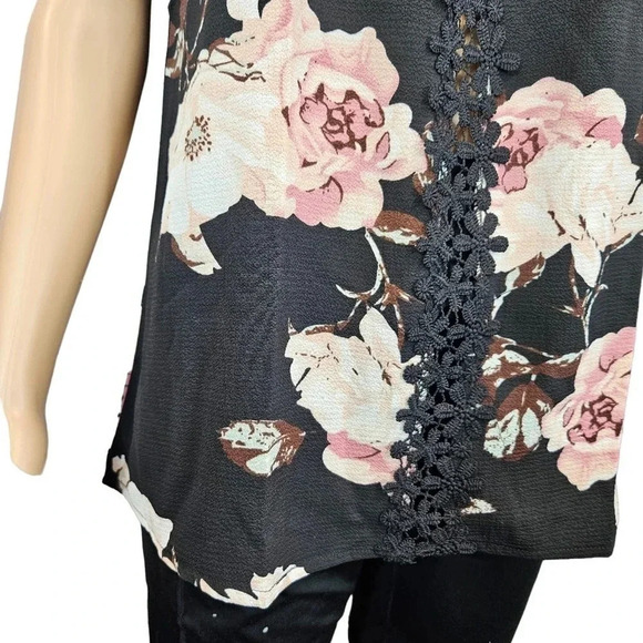 SHEIN Size L Black and Floral Tank Top with Lace Detail Straps and Plunge Neck - Picture 2 of 11